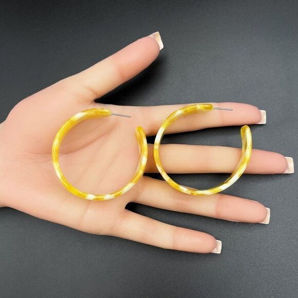 Yellow with Pearly White Swirl Acrylic Chunky Open Hoop Post Back Earrings - Picture 11 of 11